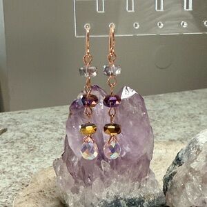 AB Swarovski And Pink Briolette Linear Drop Earrings